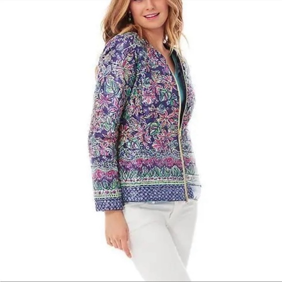 Lilly Pulitzer Jacket 2 in 1 Reversible Bright NAVY Not Too Catty LILAH Size S - Picture 1 of 16